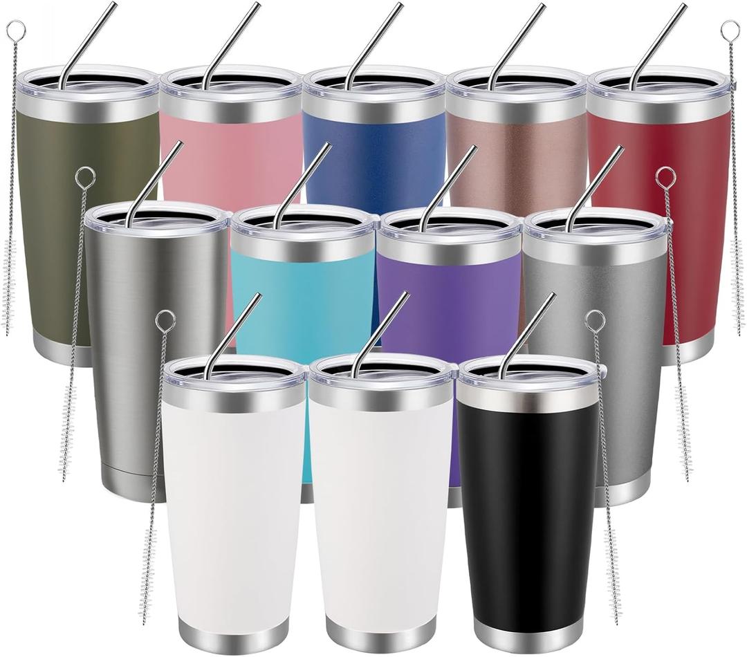 MEWAY 20oz Tumbler 12 Pack Double Wall Vacuum Insulated Travel Mug Bulk, Mix Color Stainless Steel Tumblers with Lid and Straw, Durable Powder Coated Coffee Cups for Cold & Hot DrinksMix Color, 12