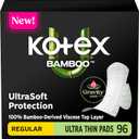 Kotex Bamboo Ultra Thin Pads with Wings, Regular Absorbency, 96 Count (2 Packs of 48)