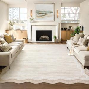 GarveeHome Modern Rug for Living Room 9x12 Large Scalloped Carpet, Non-Shedding Contemporary Easy Cleaning Mats, Solid Color Beige Indoor Rug for Office, Dining Room, Playroom, Bedroom