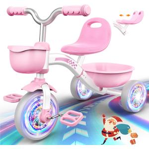 Toddler Tricycle for 1-3 3-5 Year Olds, 2 3 4 5 Year Old Girl Xmas Birthday Gifts, Pink Toddler Baby Bike, 3-Level Adjustable Seat, 3 Color Light Wheels, 2 Baskets, Outdoor Toys for Ages 2-4 Yrs Old, Pink 