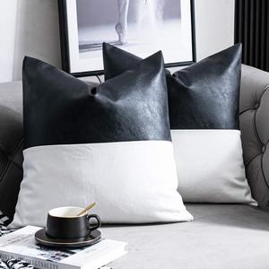 DEZENE Faux Leather with 100% Cotton Decorative Throw Pillow Covers for Couch Bed Sofa, Set of 2 18 x 18 inch Modern Home Decor Accent Square Bedroom Living Room Cushion Cases Cognac, Black and White
