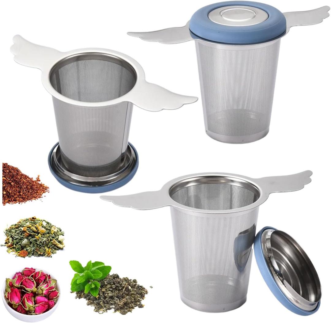 3Pcs Extra Fine Mesh Tea Infuser Steeper Basket with Lid/Drip Tray for Loose Leaf Tea Rooibos, 304 Stainless Steel Tea/Coffee Strainer Filter with Big Capacity Extended Handles, Fit Cup/Teapot/Jar
