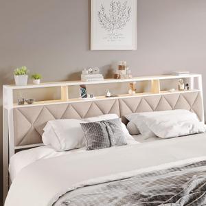 Queen Headboard Only, Headboard for Queen Size Bed with Storage, Upholstered Headboards with LED Lights & Charging Station, Attach Frame, Ideal for Bedroom/Dorm/Guest Room, White & Beige