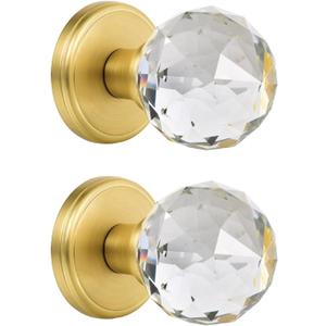 2 Pack Crystal Glass Dummy Door Knobs, Inactive Round Half-Dummy Door Knob Set, Single Side, Satin Brass