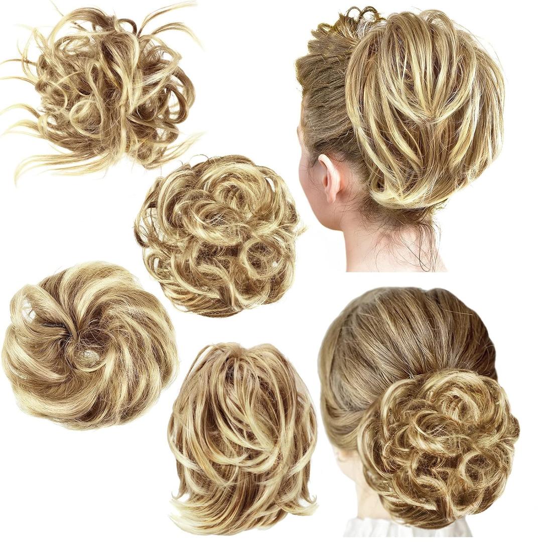 WILLBOND 4 Pcs Messy Hair Bun Hairpiece Tousled Updo for Women Hair Extensions Straight Short Ponytail Elastic Scrunchies Curly Accessories
