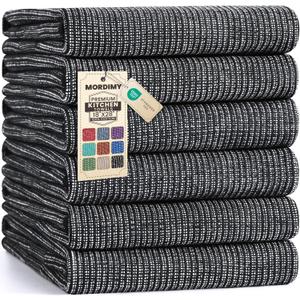 Mordimy Premium Kitchen Towels 6 Pack (18 x 28 Inches, Black), Large Cotton Kitchen Hand Towel, Flat & Terry Dish Towels for Drying Dishes, Super Absorbent Tea Dishtowels Set with Hanging Loop