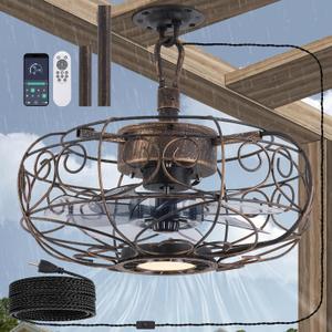 Outdoor Fan for Gazebo, 15" Plug in Caged Gazebo Ceiling Fans,Remote/APP,3 CCT,6 Speeds,Hanging Fan with Light for Patio Porch Pergola Outside (Bronze)