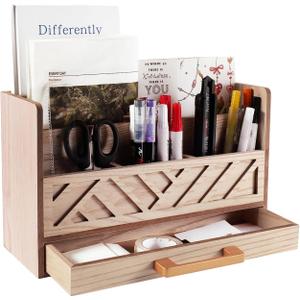 Wood Mail Organizer Countertop with Drawers, Desk Organizer for Office Supplies, Paper, Letter, Envelope, Bill