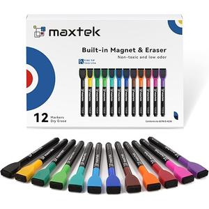 maxtek Magnetic Dry Erase Markers with Eraser - 12 Count Colorful Fine Tip Whiteboard Markers for Kids, Low Odor Whiteboard Markers for Calendar Boards White Board