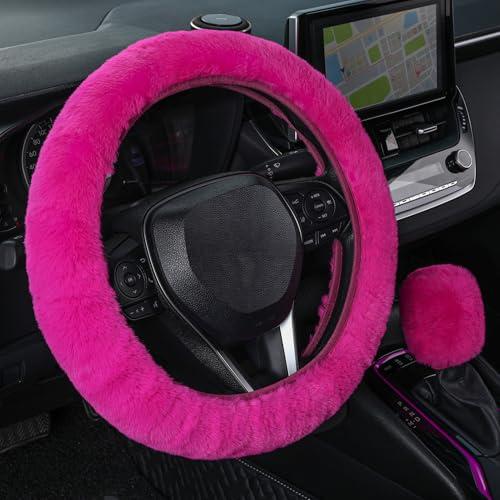 SEG Direct Furry Car Steering Wheel Cover with Gear Shift Cover, Soft and Warm, Cute Fluffy Auto Decor for Women Men, Standard Size, 2 PCS Set, Magenta Red