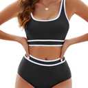 Adisputent Womens High Waisted Bikini Color Block Swimwear Bandeau Top Sports Style Scoop Crop Swimsuit 2 Piece Bathing Suits (XX-Large, Black With White)
