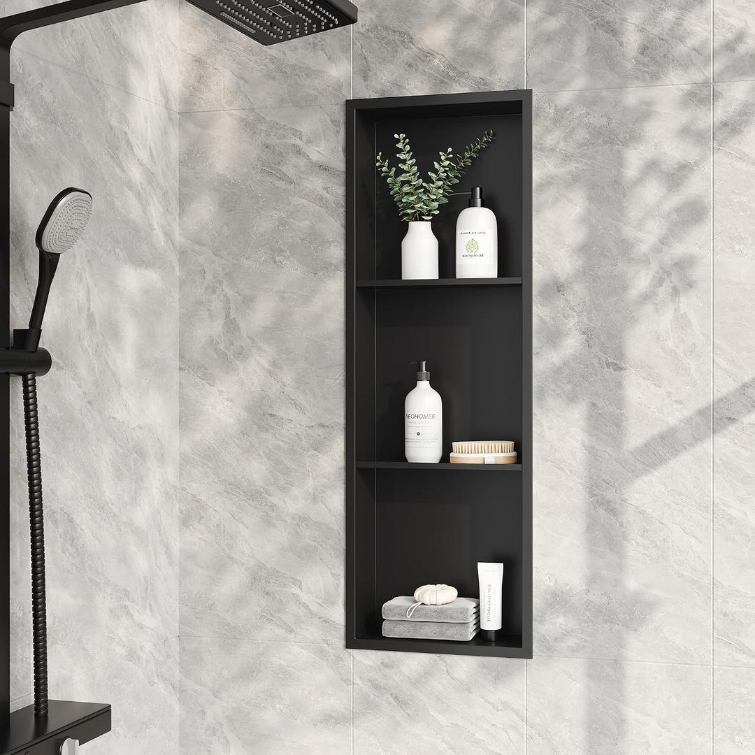 Neodrain 3-Tier 12X36 Inch Recessed Shower Niche Tile Ready, Matte Black Stainless NO Tile Needed Wall Niche for Shower & Bathroom Storage, Waterproof Bath Organizer