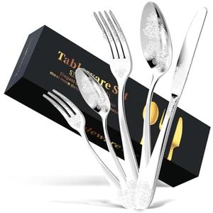 30-Piece Stainless Steel Silverware Set, Elegant Floral Engraved Cutlery Flatware Set for 6, Durable Tableware Utensil Sets Silver Include Fork Spoon Knife with Mirror Polish Silver