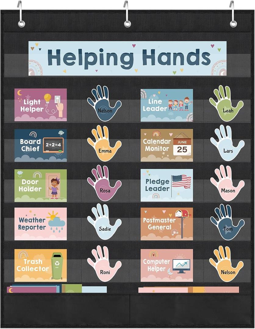 Pasimy 62 Pcs Helping Hands Pocket Chart Classroom Jobs Cards for Classroom with Hooks 25.6  22 in Class Pocket Chart Teacher Helper Class Management Educational Pocket Chart for Preschool Classroom