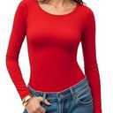 MANGOPOP Womens Tops Long Sleeve Crew Neck t Shirts Double Lined Slim Fitted Lined Tight Basic Tee Shirt (Large, Red)