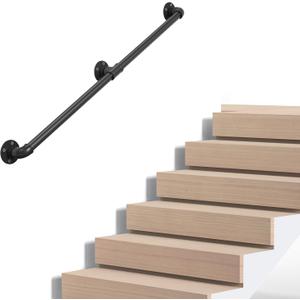 Industrial Pipe Stair Handrail, Wall-Mounted Metal Hand Rail for Indoor & Outdoor Steps, Black Galvanized Iron, Vintage Farmhouse Style, Heavy Duty Support for Stairs & Porch (Black, 5ft)