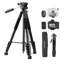 K&F CONCEPT Camera Tripod, 75" Lightweight Portable Travel Outdoor DSLR Tripods for Camera Phone Video Recording Tripod Stand, Cellphone Clip for Smartphone Live Streaming Vlog, Black