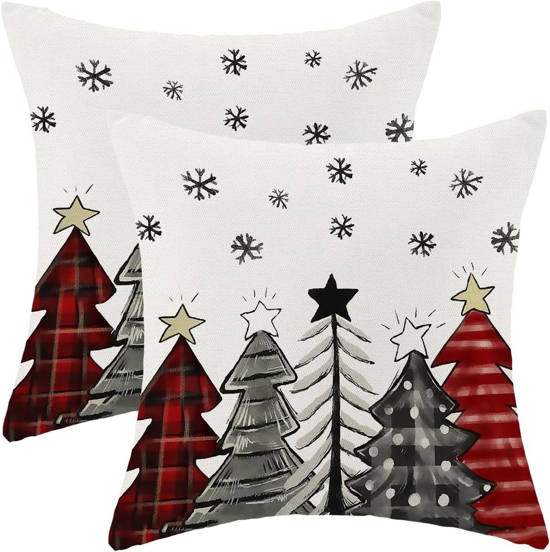AEIOAE Christmas Pillow Covers 24x24 Inch Set of 2 Colorful Christmas Tree Throw Pillows Case, Stars Holiday Outdoor Decorative Farmhouse Winter Snowflake Decor Cushion Covers for Home Sofa Bed Couch