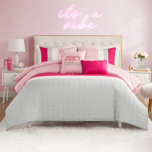 Juicy Couture Color Blocked King Striped 5-Piece Comforter Set - Pink/White/Grey Designer Bedding Set