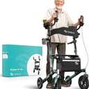 Helavo All Terrain Upright Walker with Flat-Free Solid Rubber Tires - Outdoor Stand Up Walker for Seniors - Tall Standing Rollator with Seat
