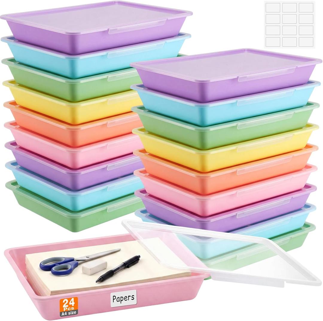 Tinlade 24 Pcs Classroom Paper Storage Bins with Lids, Macaron, 13x10in