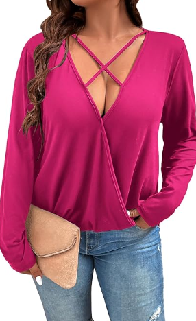 Women's Plus Size Criss Cross Long Sleeve T Shirt Wrap Deep V Neck Tee, Size XL