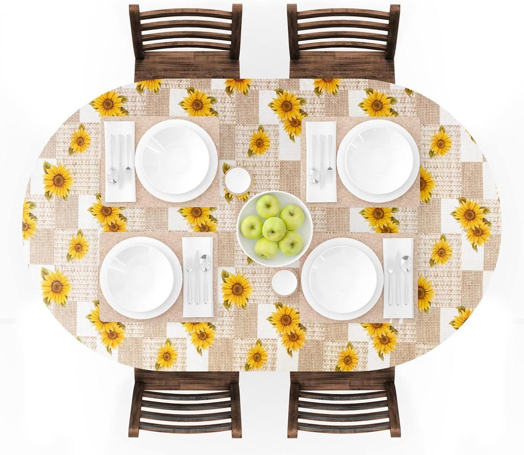 UMINEUX Oval Fitted Vinyl Tablecloth with Elastic Edged & Flannel Backing, Waterproof Wipeable Oval Table Cover - Fits Tables up to 42"X68" (Sunflower)