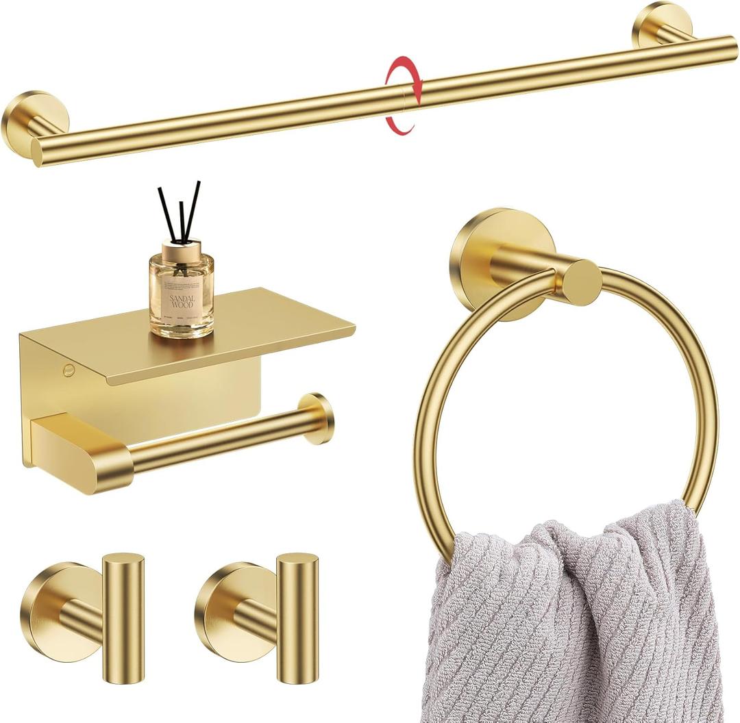5-Piece Towel Bar Set Brushed Gold Bathroom Hardware Accessories Set Upgraded Toilet Paper Holder with Shelf Towel Holder Set for Bathroom Stainless Steel Wall Mounted