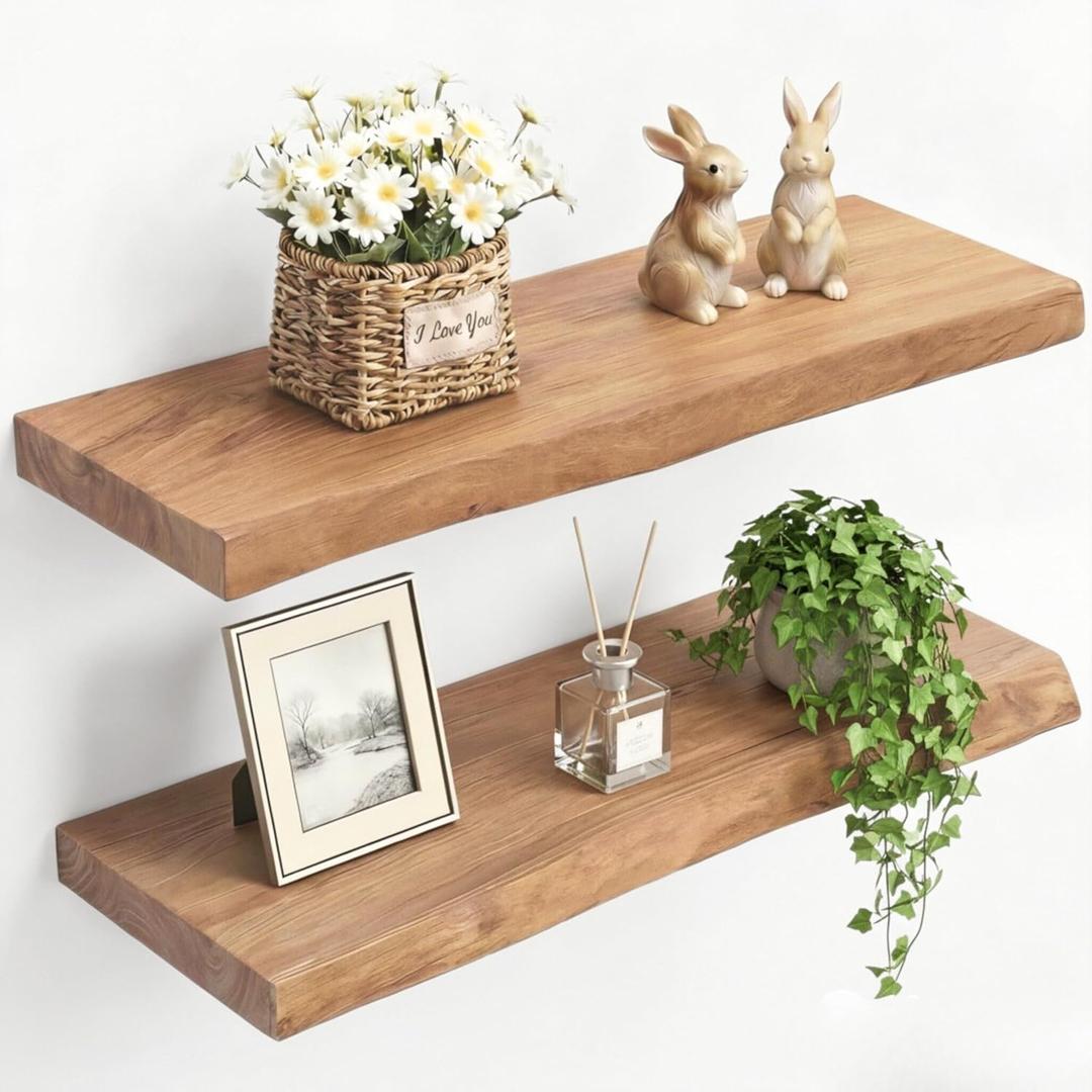 PERFNIQUE 24 Inch Floating Shelves Set of 2, Solid Elm Wood Rustic Live Edge Wall Decor Shelves - Invisible Bracket Mount for Living Room, Kitchen, Bathroom, Natural