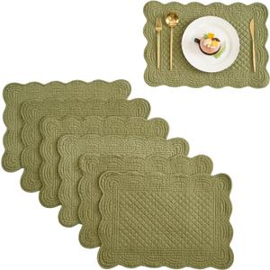 6PCS Quilted Placemats -13x18 inches, 100% Cotton Placemats, Thick & Washable Place Mats for Durable Use, Rectangular Placemats Scalloped Edge for Kitchen and Dining (Green, 13x18 Inches)