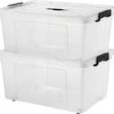 2 Packs 105 Quarts Heavy Duty Storage Bins with Lids Wheels, Plastic Storage Containers - Locking Lid, Stackable Clear Bins for Garage/Closet, Crush-Proof Design (2, 100L with Wheels)