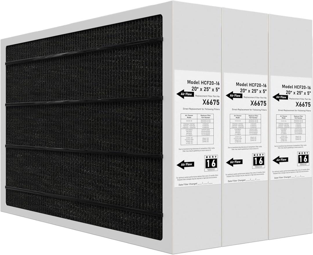 X6675 Merv 16 Air Filter 20x25x5 Efficient Air Filter Compatible with Lennox X6675 and Lennox HCC20-28 Furnace HVAC System, Part Number HCF20-16, 3 Pack