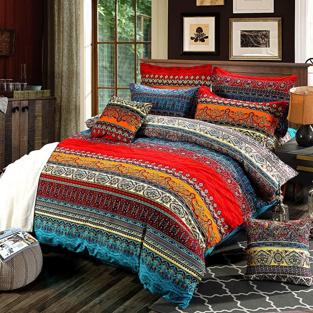Bohemian Duvet Cover Queen Colorful Floral Boho Striped Bedding Set Ultra Soft Microfiber Double Duvet Cover Southwestern Indian Tribal Reversible Bedding Exotic Style Decor Boho Comforter Cover (Red)