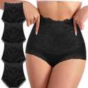 Womens High Waisted Cotton Underwear Comfortable Lace Stretch Soft Paintes Breathable Full Coverage 4 Pack Briefs (Large, Black)
