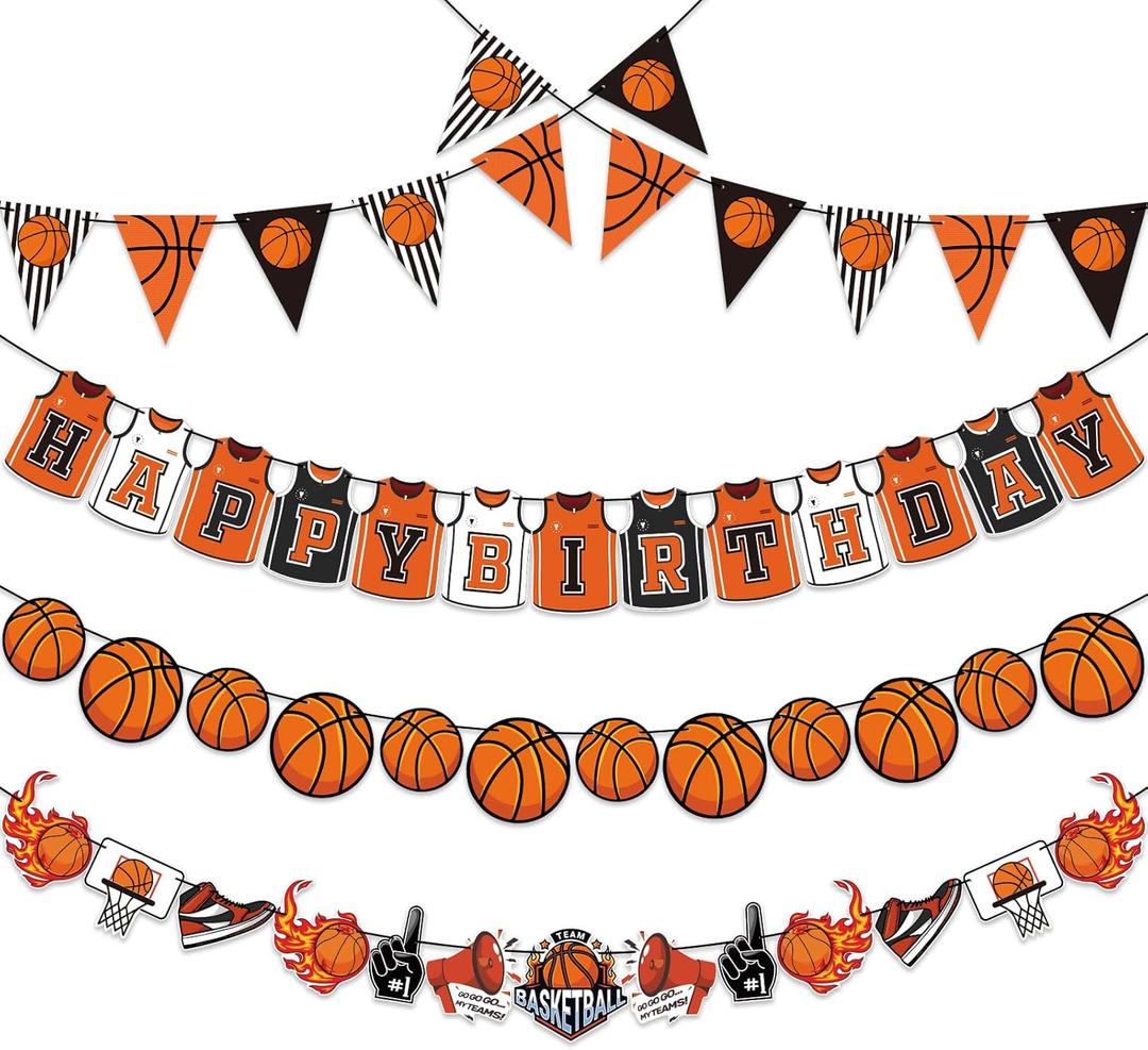 Basketball Happy Birthday Banners, 5 Pcs Pre-strung Basketball Birthday Party Decorations, Basketball Garland Bunting, Sports Theme Party Decorations, Birthday Decor for Boys
