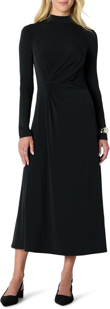 Amazon Essentials Women's Fit and Flare Long-Sleeved Short Maxi Dress (Black)