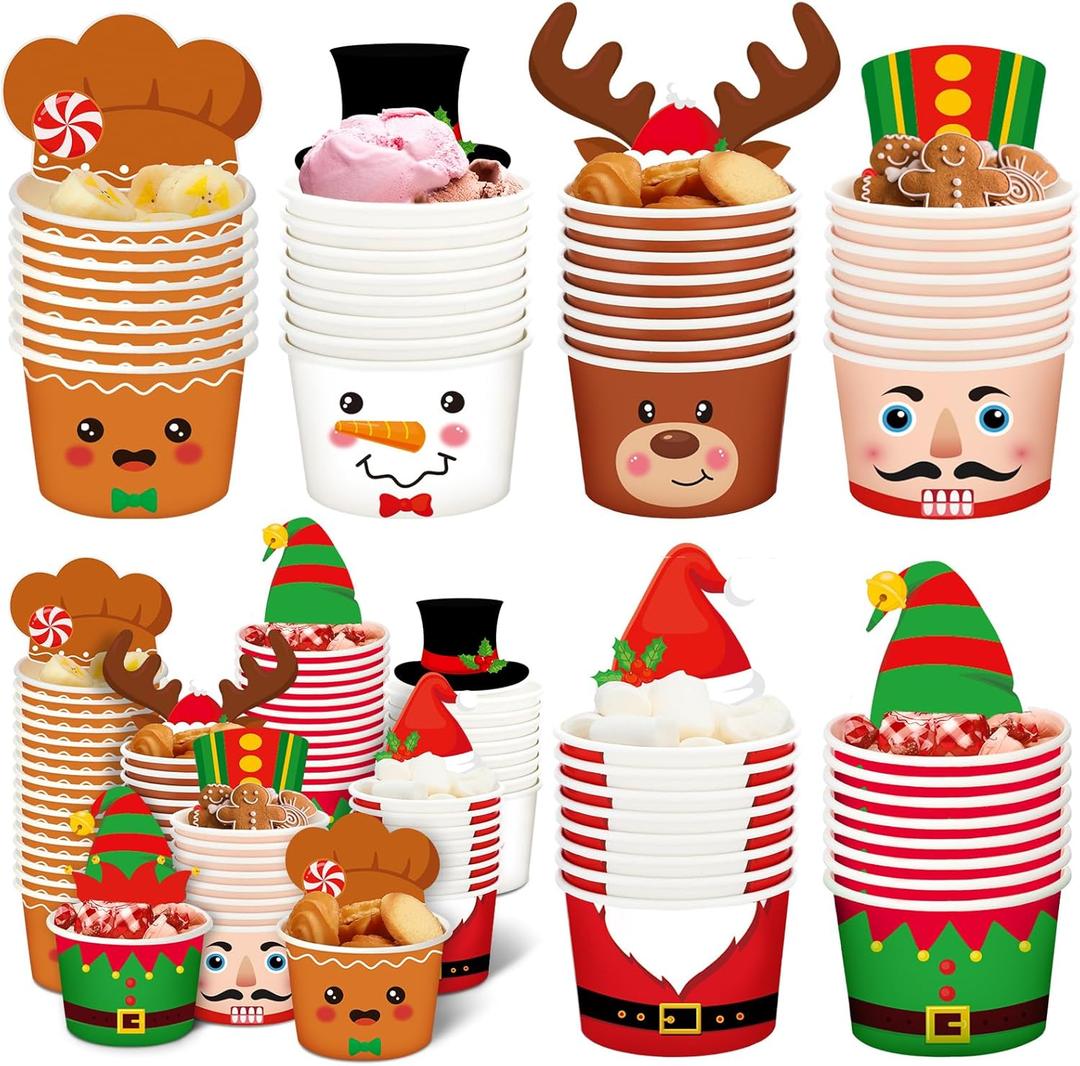 Qinyoung 120 Set Christmas Treat Snack Cups 8 oz Disposable Christmas Paper Treat Dessert Bowls Snowman Santa Elk Cup Dessert Ice Cream Soup Bowl Cold Hot Soup for Xmas Party Supplies Decorations