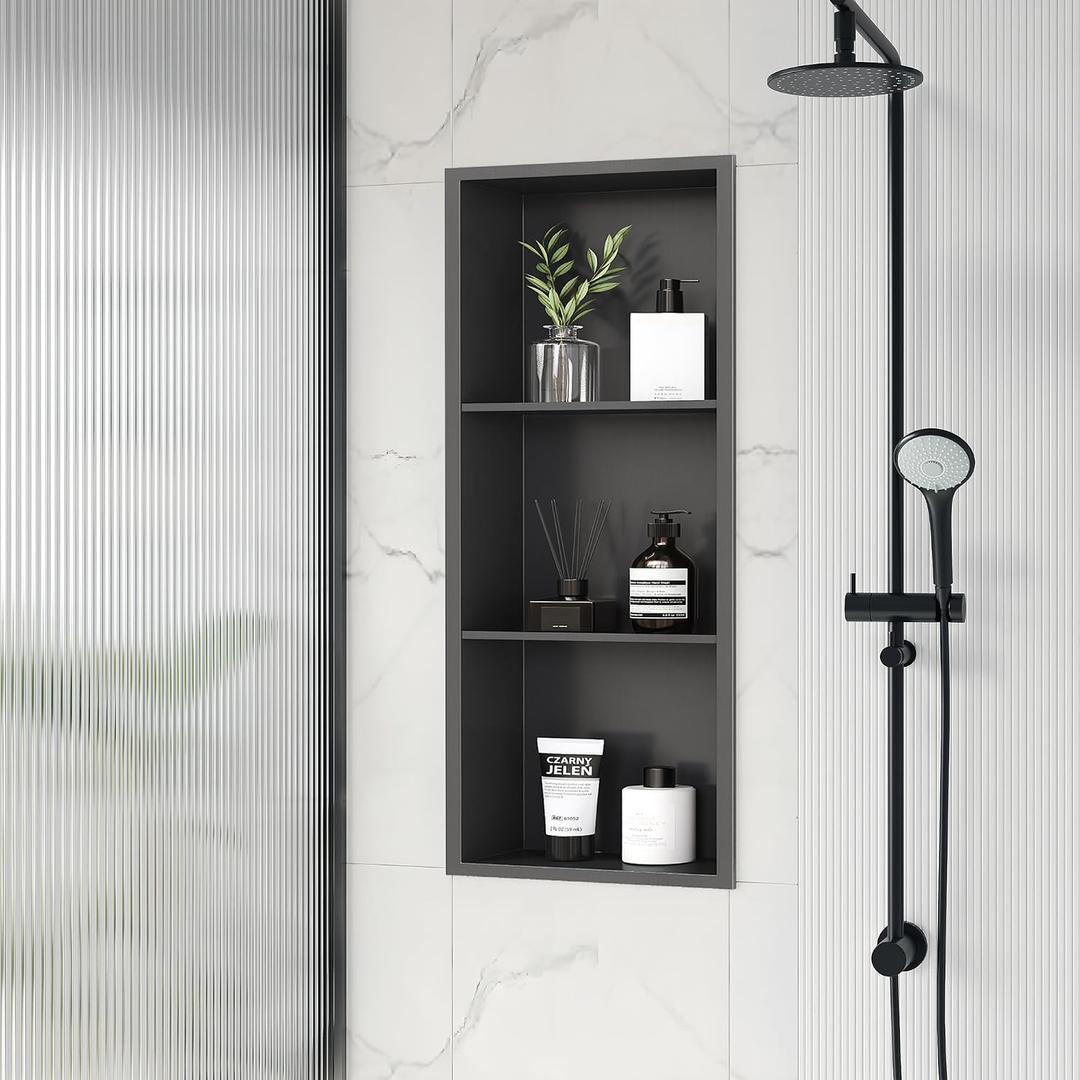 Qeke Stainless Steel Shower Niche 12" X 29", No Tile Needed Wall Niche Three-Tier, Recessed Shower Shelf for Bathroom Storage, Gun Metal