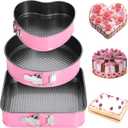 Tatuo Pink Spring Form Pan Set Valentine's Day 3 Pieces Round Square and Heart Shaped Cake Pans Pink Detachable Cheesecake Baking with Removable Bottom
