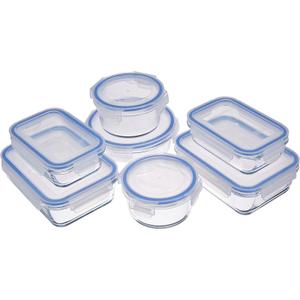 Amazon Basics Leak-Proof Glass Locking Lids Food Storage Containers, 14-Piece Set, 7 Count of Bases and 7 Plastic Lids, Clear, Blue, BPA Free
