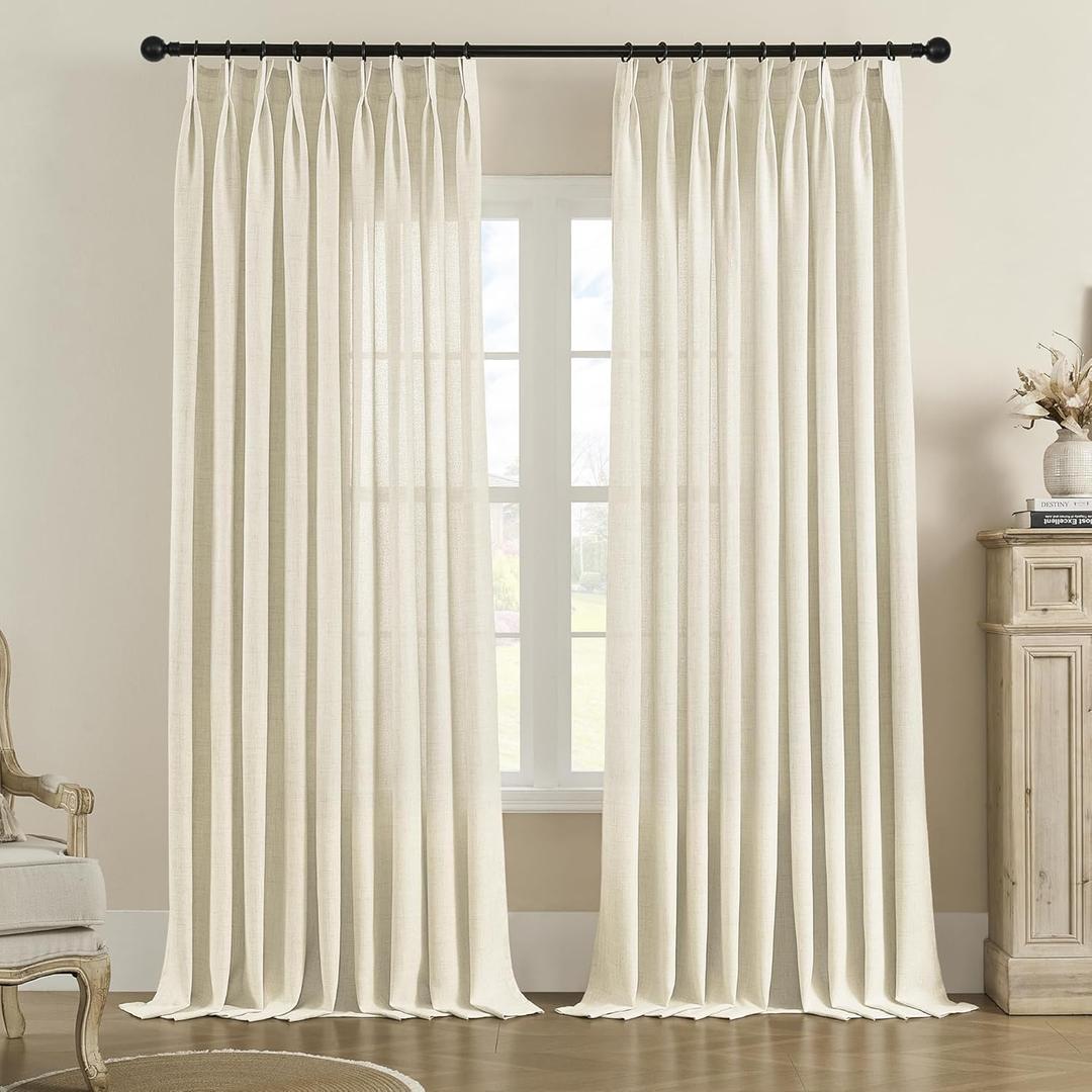 MASWOND Natural Pinch Pleated Semi Sheer Curtains 52W x 90L Inches, Linen Light Filtering Window Curtains for Living Room Bedroom, Pinch Pleat Drapes Easy Hanging Via Hooks (Natural, 1 Panel)
