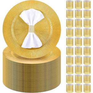 Tanlade 48 Sets Gold Charger Plates Set Plastic Plate Chargers with Napkin Rings 13 Inch Round Bulk for Dinner Table Wedding Event Party Decoration