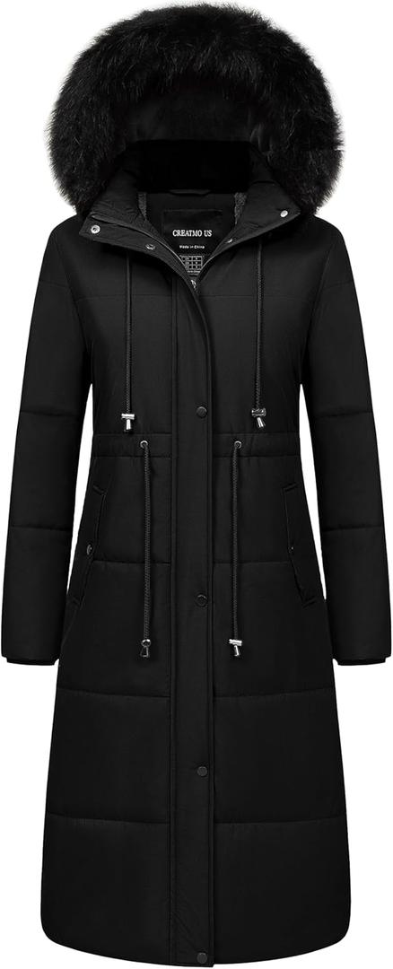 CREATMO US Women's Long Winter Coat Warm Waterproof Puffer Jacket Snow Quilted Bubble Parka with Hood (Large, Black)