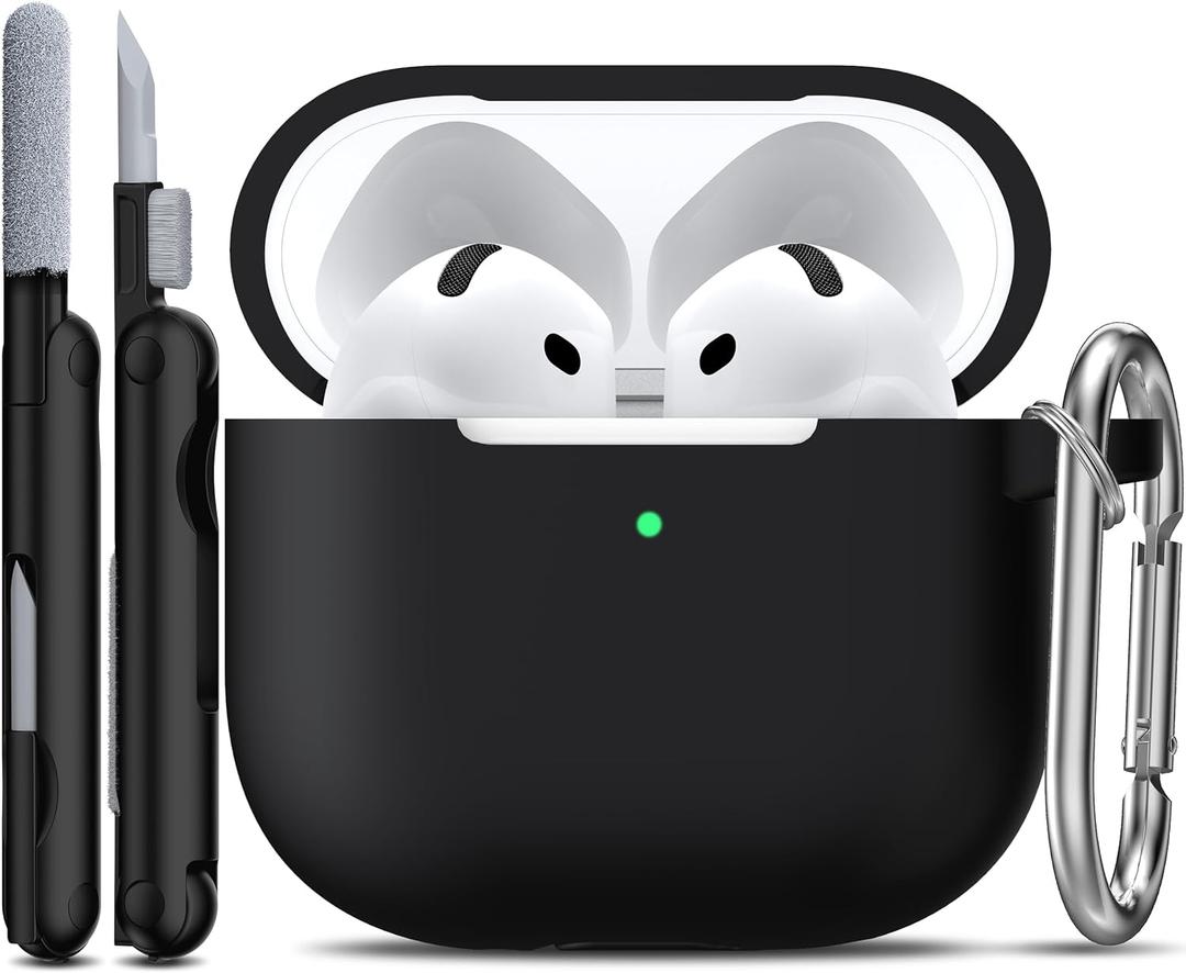 R-fun for AirPods 4 Case with Cleaner Kit,Full Protective Soft Skin Silicone Cover with Keychain for AirPods 4 Gen Case for Men Women,Compatible with Apple AirPods 4th Genaration case 2024,Black