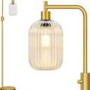 Upgraded Dimmable Glass Floor Lamp for Living Room, Modern Gold Standing Lamp with Clear Ribbed Glass Lampshade & Knob Dimmer, Arc Tall Lamp for Bedroom Office Reading Room, 2700K Led Bulb Included