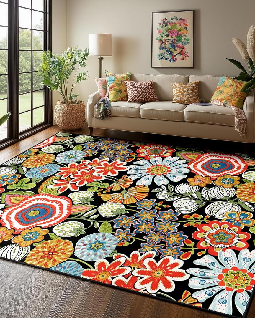 Area Rugs 9x12 Floral Rug, Washable Botanical Flower Carpet, Non Slip, Print Pattern, Low Pile Carpet for Living Room, Bedroom, Kitchen, Dining Room, Nursery, Playroom, Indoor-Red/Orange