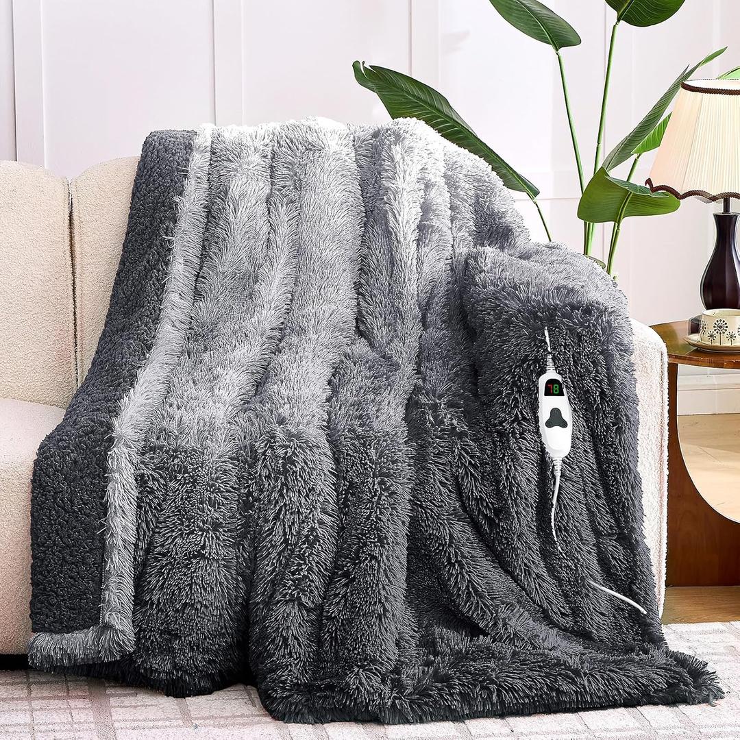 Heated Electric Blanket ThrowFaux Fur with Soft Thick Sherpa,Warm Winter Birthday Gifts for Women Grandma10 Heat Settings,5 Time Settings with Fast Heating,ETL 50x60, Foggy Dusk