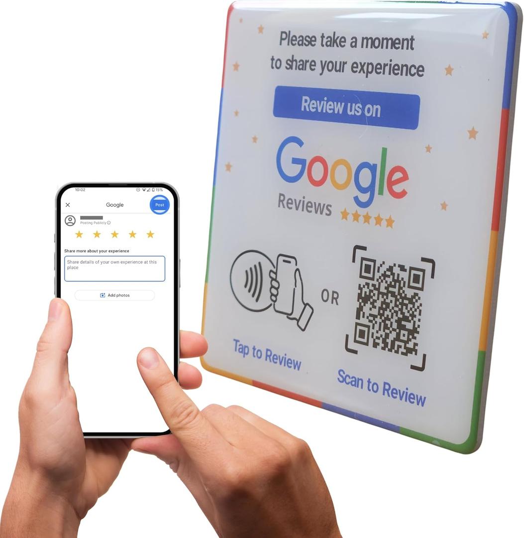 NFC Tap Google Review Plate - Boost Customer Feedback with Tap & Scan QR - No App, No Subscription - Works on iPhone & Android (Square - 3.94")