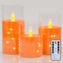 Flameless Flickering 3" x4" 5" 6" Clear Plastic Orange 11-Key Remote Candles with Light Strings, LED Battery Operated Cycle Timer Pack of 3 Candles for Halloween Festival Decor