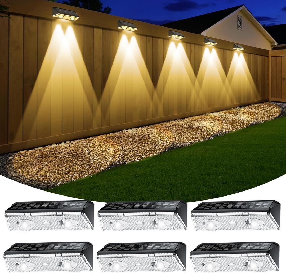 Solar Fence Lights Outdoor, 6 Pack IP65 Waterproof Fence Lights Solar Powered with Ultra-Bright LED Lens, 9 Color Modes, 12+ Hours Steady Glow for Deck/Backyard/Patio/Pool/Wall - Black
